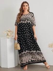Al Najma Plus Batwing Sleeve Floral Print Dress - Black - View 3