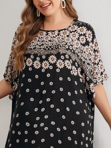 Al Najma Plus Batwing Sleeve Floral Print Dress - Black - View 4