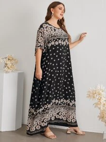 Al Najma Plus Batwing Sleeve Floral Print Dress - Black - View 5