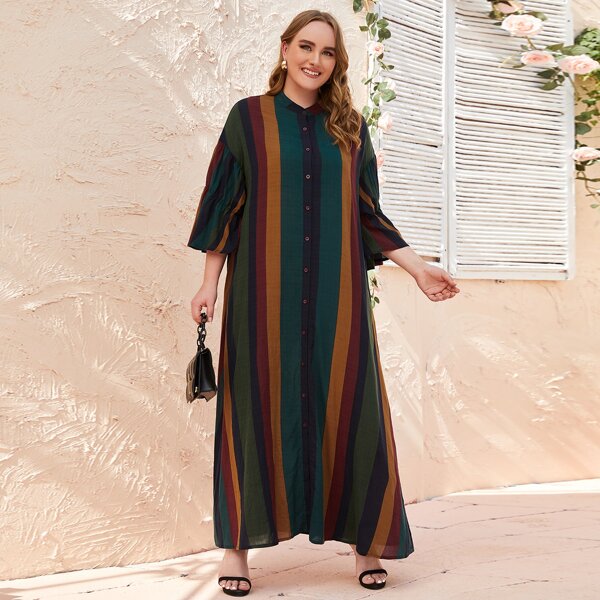 

Plus Bell Sleeve Striped Shirt Dress, Multicolor