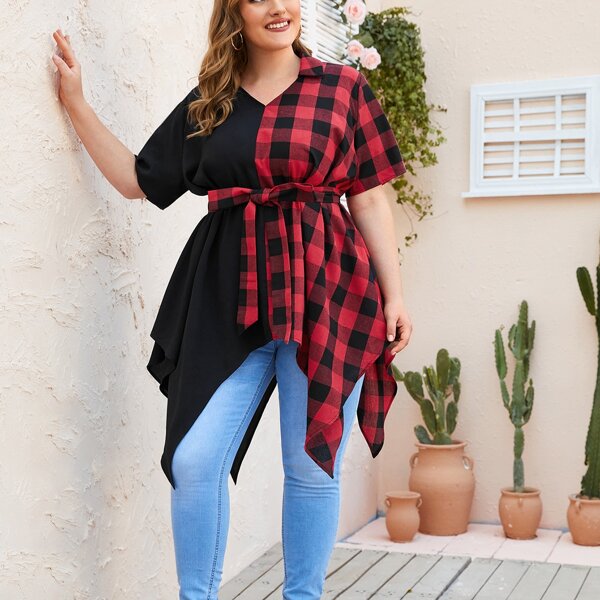 

Plus Hanky Hem Buffalo Plaid Belted Top, Multicolor