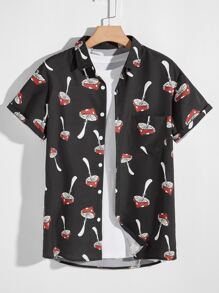 Manfinity Men Mushroom Print Button Front Shirt Without Tee - Black - View 1