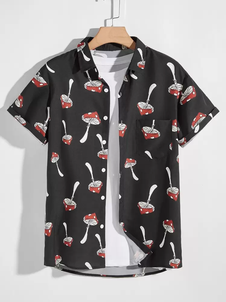 Manfinity Camisa con botón con estampado de seta - Negro - Añade 1