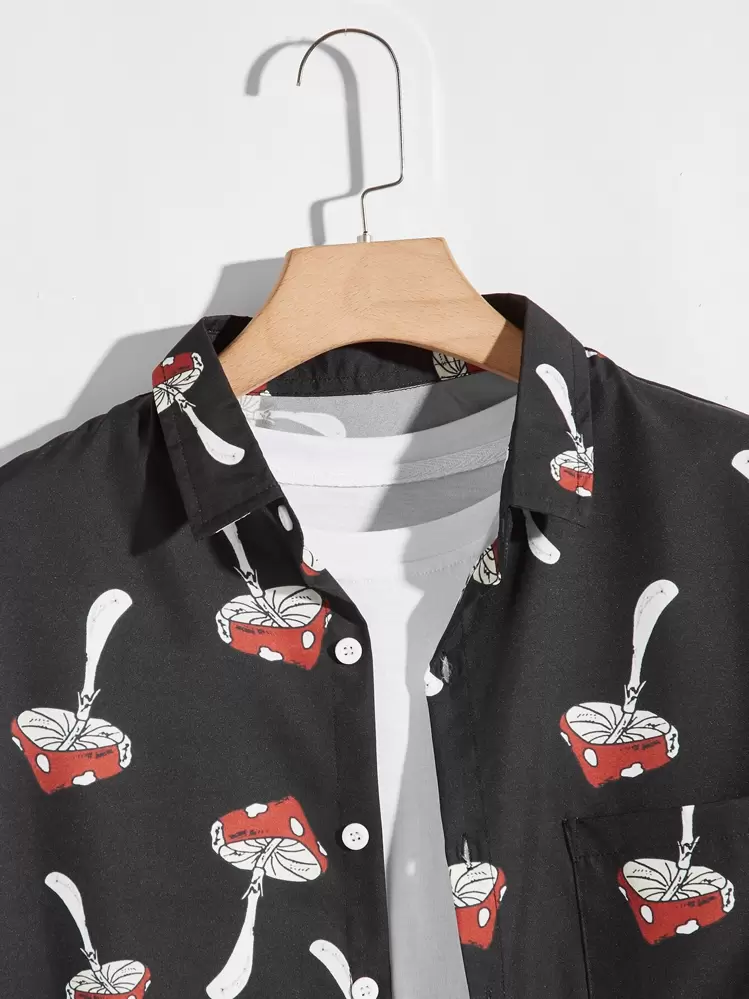 Manfinity Camisa con botón con estampado de seta - Negro - Añade 3