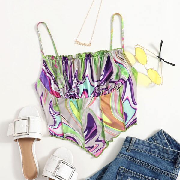 

Ruched Bust Frilled Marble Print Cami Top, Multicolor