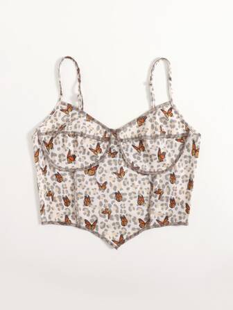 Butterfly & Leopard Print Stitching Cami Top