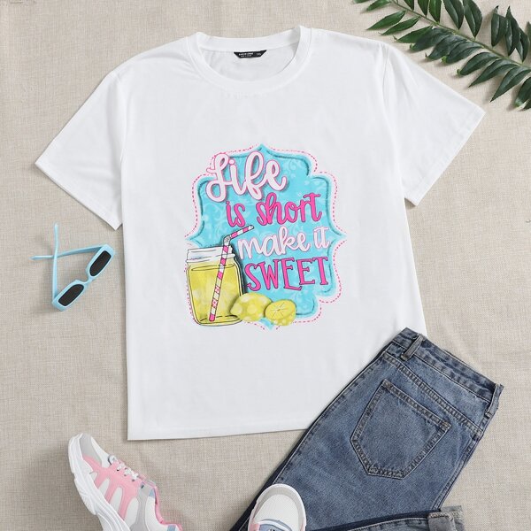 

Plus Slogan And Lemon Print Tee, White