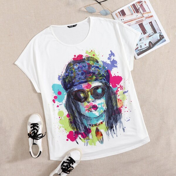 

Plus Figure Graphic Cap Sleeve Tee, White