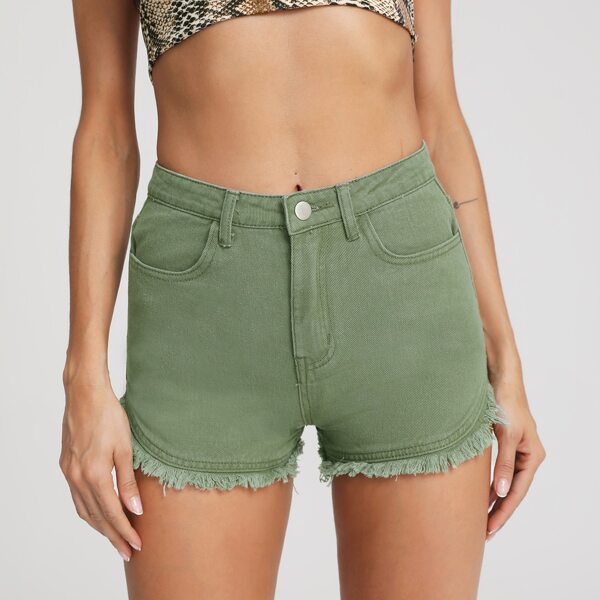 

Solid Raw Hem Denim Shorts, Army green
