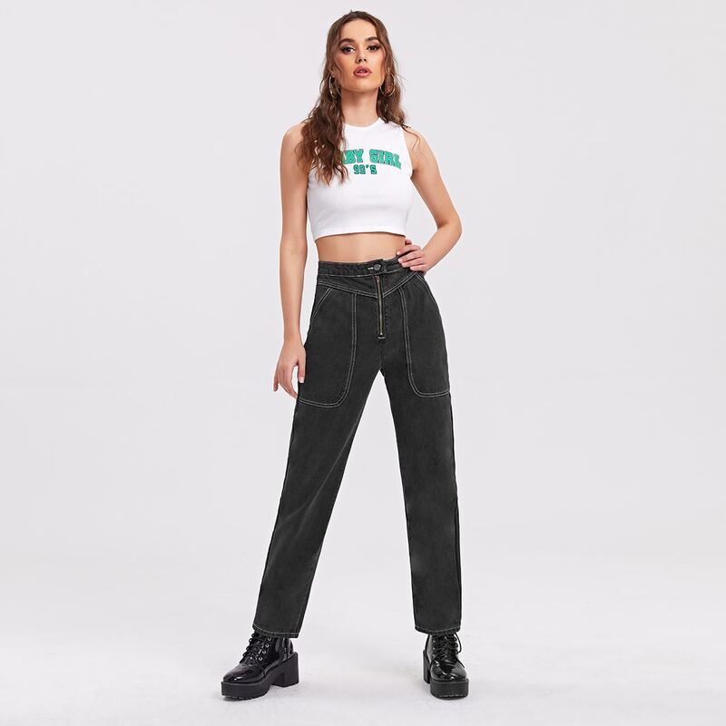 

High Waist Zip Up Whip Stitch Jeans, Black
