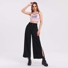 Buckle Belted Slant Pocket Slit Hem Wide Leg Jeans