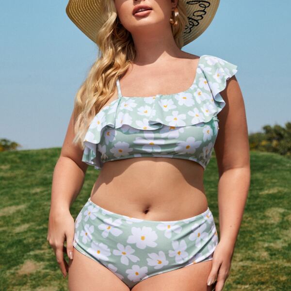 

Plus Floral Ruffle Bikini Swimsuit, Multicolor