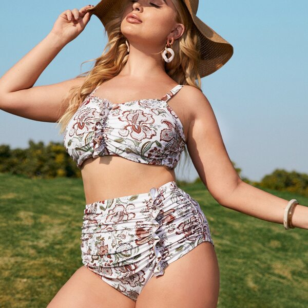 

Plus Floral Print Ruched Frill Bikini Swimsuit, Multicolor