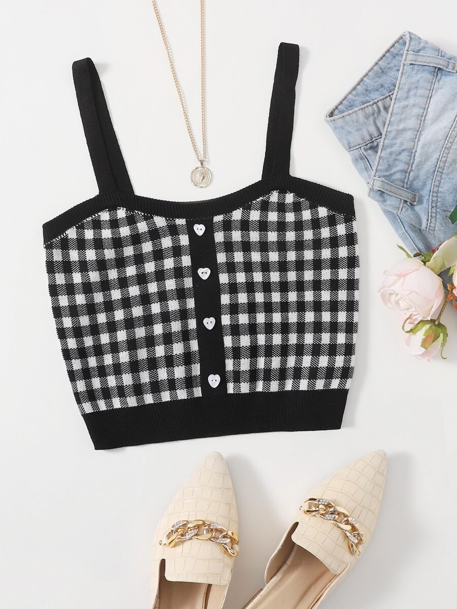 SHEIN MOD Knit ngọn Nút phía trước Kẻ sọc Giải trí - Đen và trắng - Xem 1