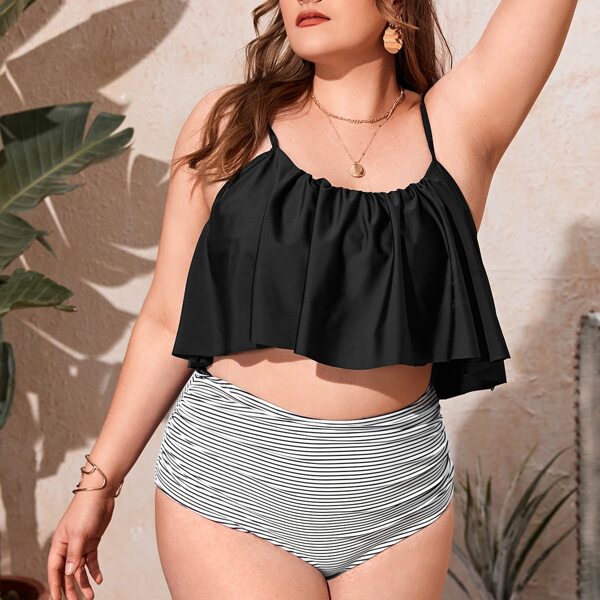

Plus Striped Ruffle Bikini Swimsuit, Black and white