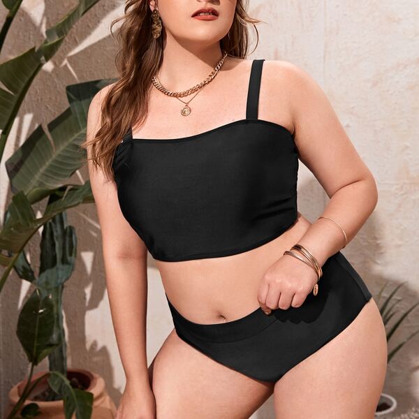

Plus Plain High Waisted Bikini Swimsuit, Black