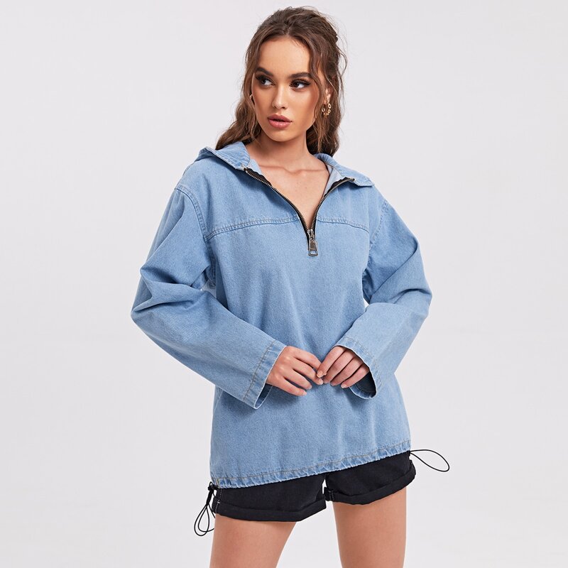 

Half Zipper Drawstring Hem Hooded Denim Top, Medium wash