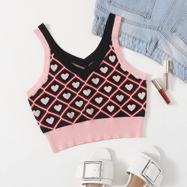 

Argyle & Heart Pattern Knit Top, Multicolor