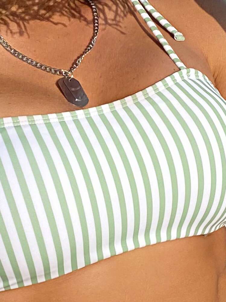 SHEIN Swim 條紋圖案比基尼套裝肩上打結吊帶上衣和低至臀部下裝2入組泳衣 - 綠色 - 查看 4