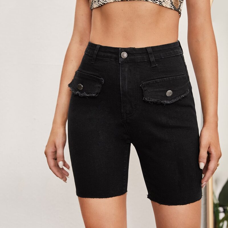 

Flap Detail Raw Hem Denim Shorts, Black