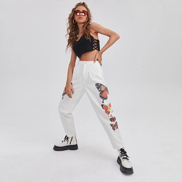 

High Waist Butterfly Print Mom Jeans, White