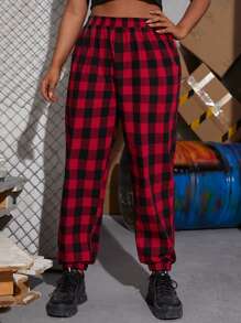 Plus Gingham Elastic Waist Trousers - Multicolor - View 1