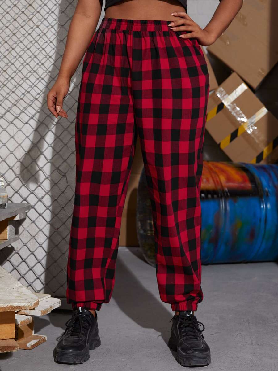 Plus Gingham Elastic Waist Trousers - Multicolor - View 1