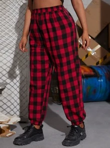 Plus Gingham Elastic Waist Trousers - Multicolor - View 4