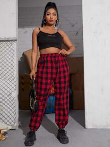 Plus Gingham Elastic Waist Trousers - Multicolor - View 5