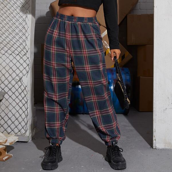 

Plus Tartan Elastic Waist Pants, Multicolor