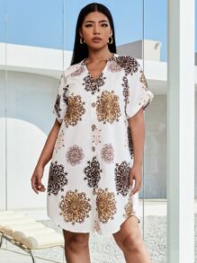 SHEIN LUNE Vestido Con Estampado Gráfico Y Manga Enrollada Con Cuello De Muesca - Blanco - Ver 1