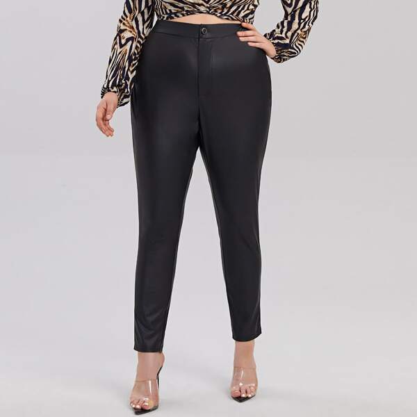 

Plus Leather Look Solid Pants, Black