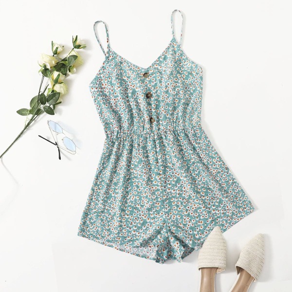 

Plus Ditsy Floral Button Front Slip Romper, Multicolor