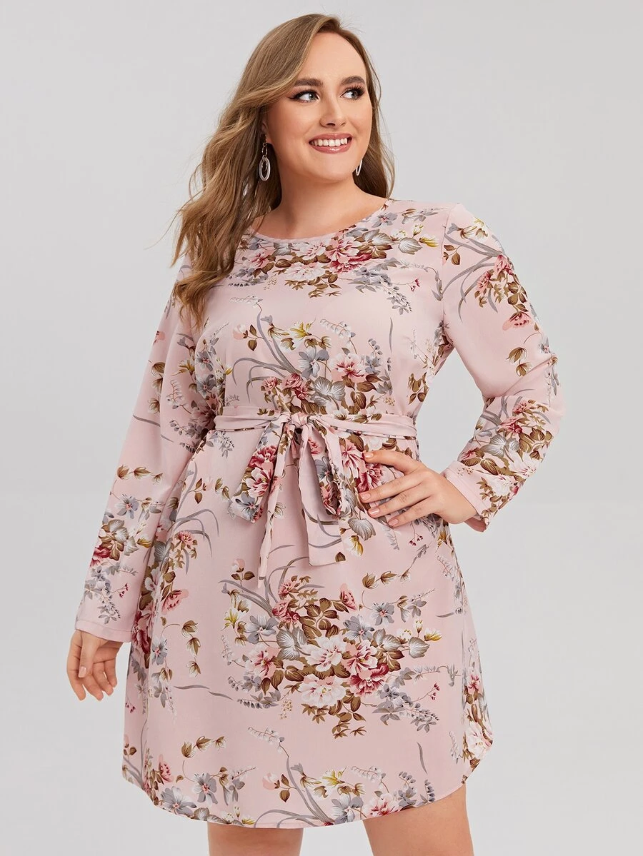 SHEIN Plus Floral Print Belted Dress - Multicolor - View 1