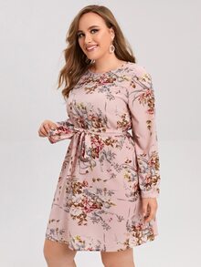 SHEIN Plus Floral Print Belted Dress - Multicolor - View 3