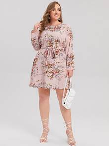 SHEIN Plus Floral Print Belted Dress - Multicolor - View 4