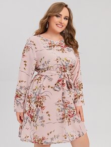 SHEIN Plus Floral Print Belted Dress - Multicolor - View 5