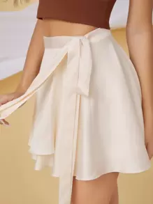 SHEIN BAE 圍裹結飾素色半身裙 - 杏色 - 查看 4