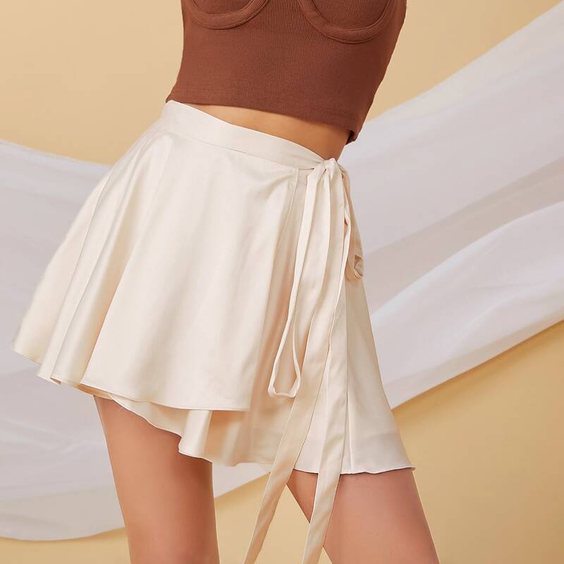 

Satin Self-Tie Mini Wrap Skirt, Apricot