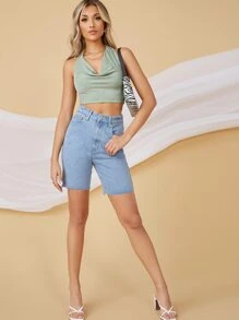 SHEIN BAE Cowl Neck Open-Back Cropped Halter Top - Mint Green - View 5