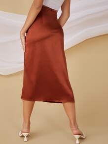 SHEIN BAE Satin Ruched Drawstring High-Slit Midi Skirt - Rust Brown - View 2