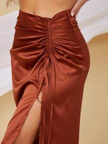 SHEIN BAE Satin Ruched Drawstring High-Slit Midi Skirt - Rust Brown - View 4