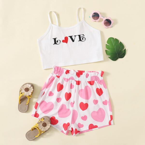 

Girls Letter Graphic Cami Top & Heart Print Shorts, Multicolor