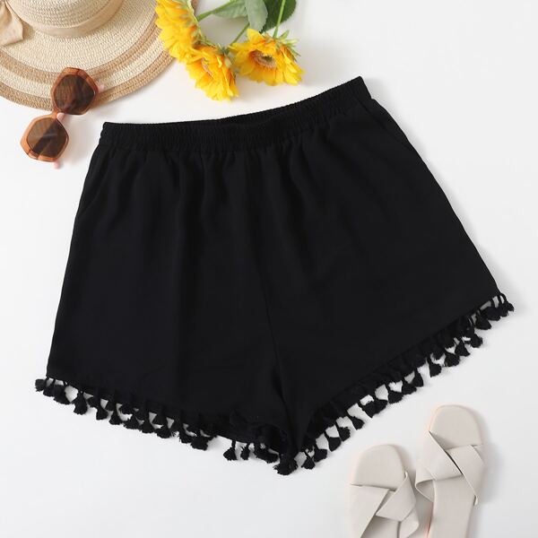 

Plus Elastic Waist Fringe Hem Shorts, Black