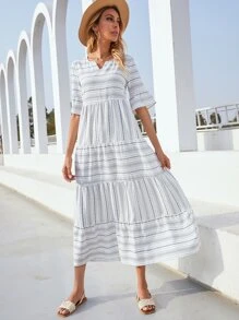 Seusyu Striped Notch Neck Flounce Sleeve Dress - White - View 1