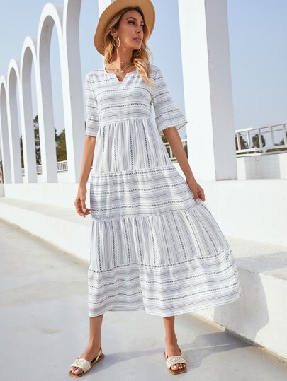 Mulvari Striped Notch Neck Flounce Sleeve Dress