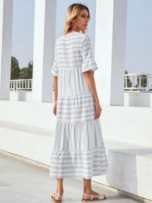 Seusyu Striped Notch Neck Flounce Sleeve Dress - White - View 2