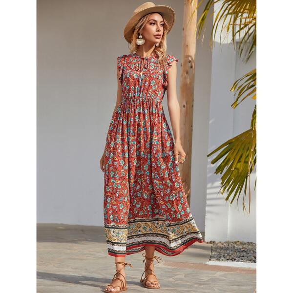 

Floral Print Tie Neck Dress, Multicolor