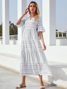 Seusyu Striped Notch Neck Flounce Sleeve Dress - White - View 5