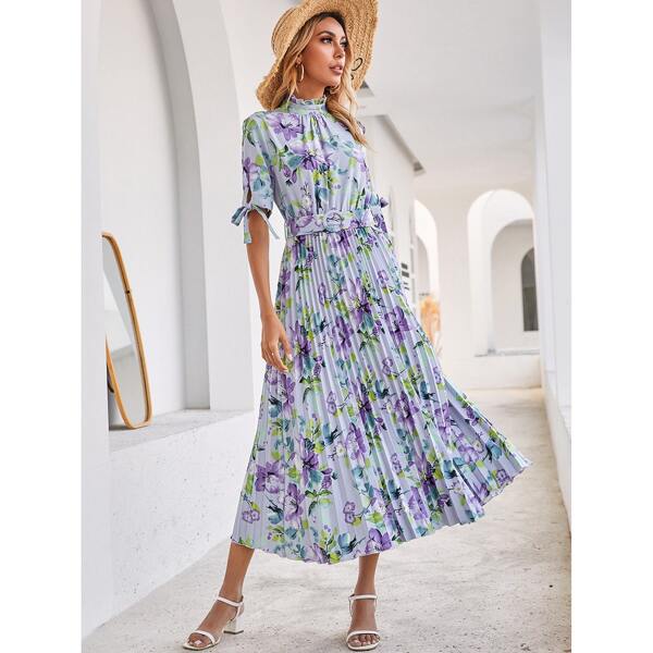

Floral Print Knot Cuff Pleated Hem Belted Dress, Multicolor